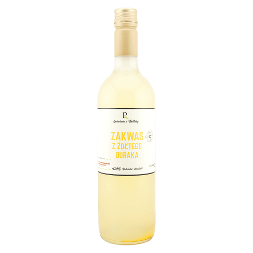 Zakwas z żółtego buraka z imbirem i kurkumą w butelce 750ml — złocisty kolor, niepasteryzowany