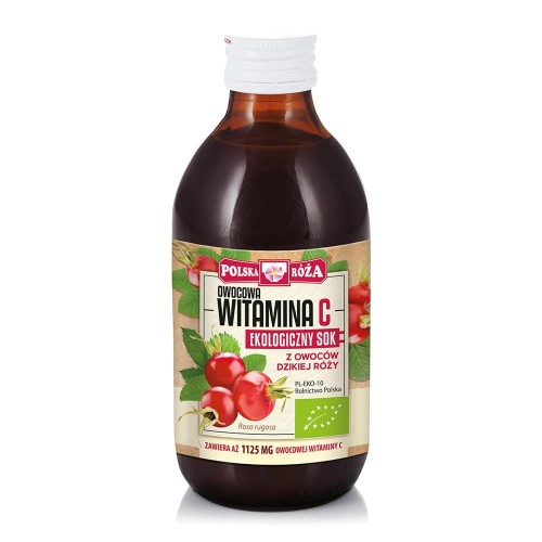 Ekologiczny sok z róży 250 ml od Polska Róża, naturalne źródło witaminy C, wspierający odporność i produkcję kolagenu.