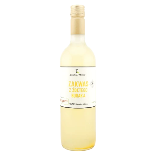 Zakwas z żółtego buraka z imbirem i kurkumą w butelce 750ml — złocisty kolor, niepasteryzowany