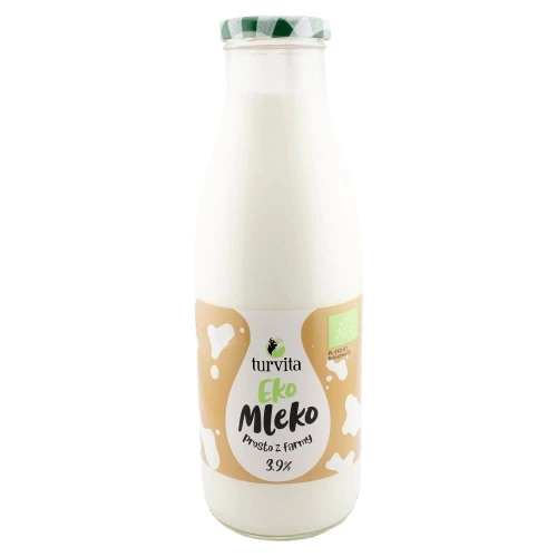 Mleko ekologiczne 3,9% Turvita – pełnotłuste, pasteryzowane w szklanej butelce 750 ml