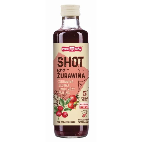 Shot Uro-Żurawina 250ml od Polska Róża, naturalne wsparcie układu moczowego i odporności, dostępny w sklepie Rarytasy Dolnośląskie