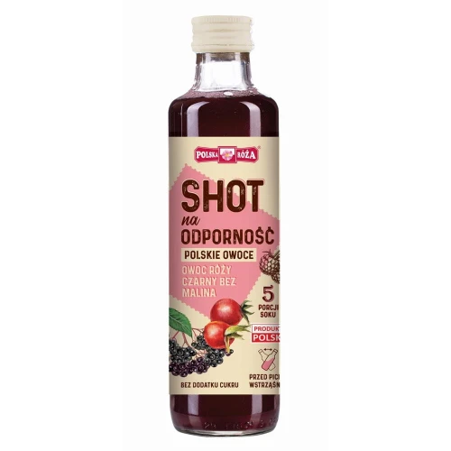 Shot na Odporność 250ml od Polska Róża, naturalna ochrona odporności dzięki owocom róży, czarnego bzu i maliny, dostępny w sklepie Rarytasy Dolnośląskie