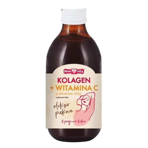 Eliksir Piękna 250ml od Polska Róża, naturalny kolagen i witamina C z owoców róży, wspierający zdrowie skóry, włosów i paznokci, dostępny w sklepie Rarytasy Dolnośląskie