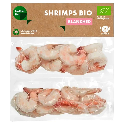 Krewetki Białe Blanszowane Mrożone BIO 160g, intensywny smak morza, ekologiczne i blanszowane, dostępne w sklepie Rarytasy Dolnośląskie.