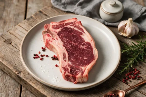Surowy antrykot wołowy z kością EKO 500g na talerzu