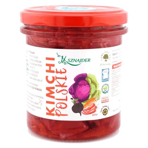 Kimchi polskie ostre w słoiku 300g — kapusta kiszona z czarną rzepą, marchewką i papryczką chili