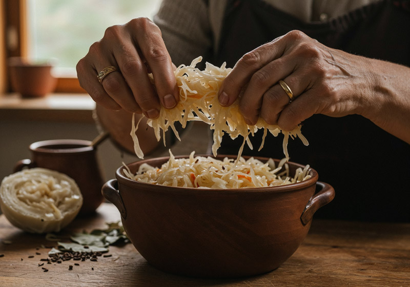 kapusta kiszona w ceramicznej misce — fermentacja mlekowa z widocznym kwasem mlekowym