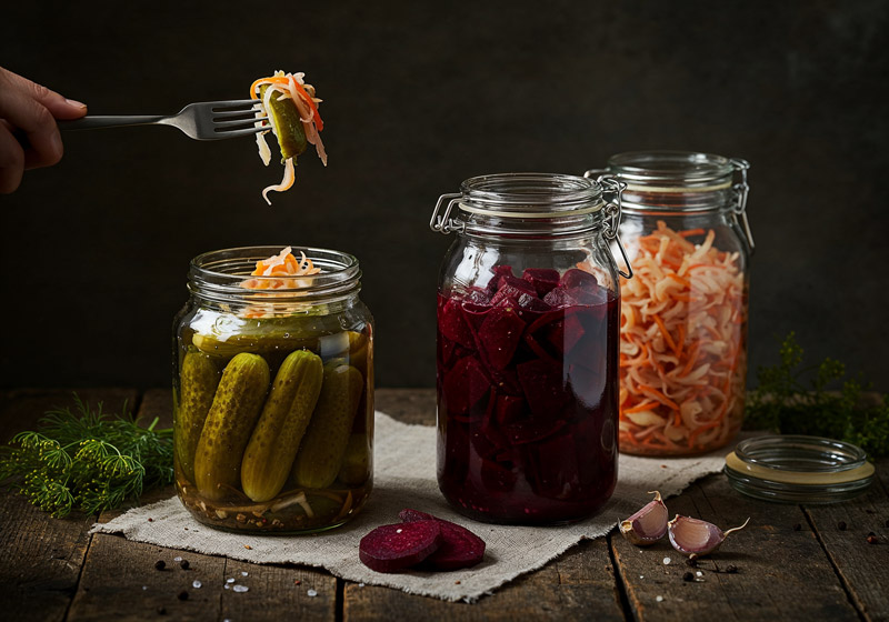 kiszonki w słoikach — ogórki kiszone, kapusta kiszona i buraczki fermentowane na drewnianym stole