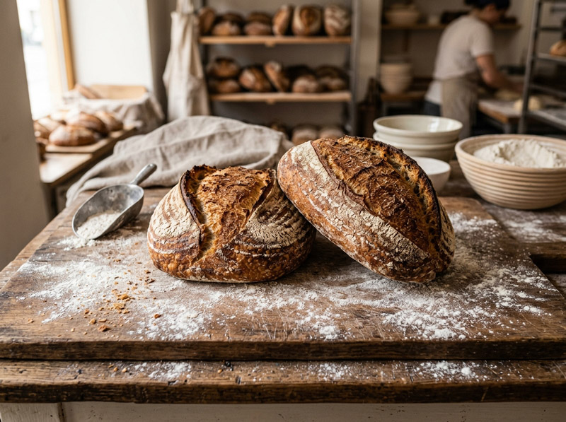 chleb żytni na zakwasie — bochenki na desce drewnianej
