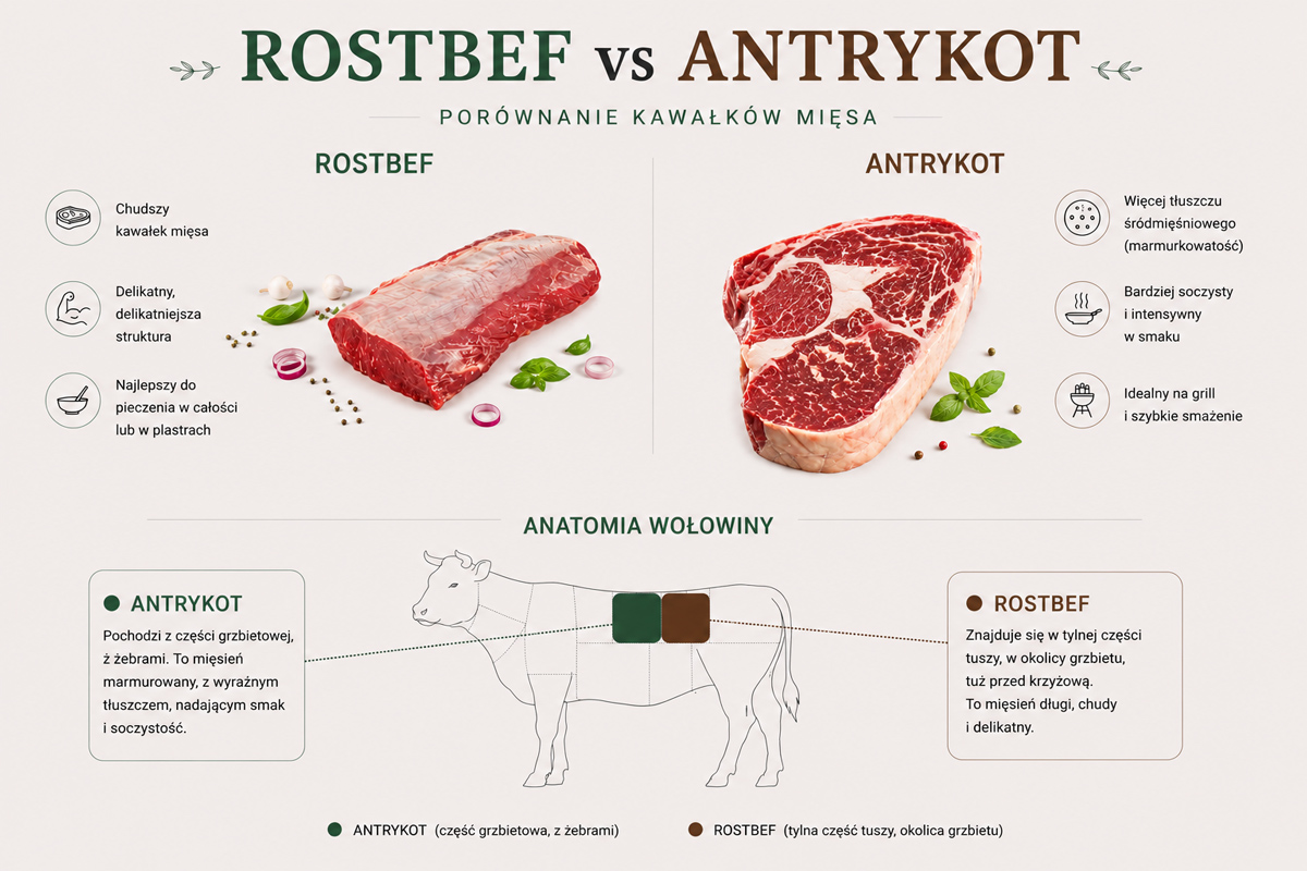 porównanie antrykota i rostbefa obok siebie z diagramem anatomii