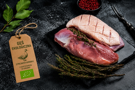 Gęś ekologiczna BIO z wolnego wybiegu z certyfikatem EU Organic — sezonowa pieczeń świąteczna