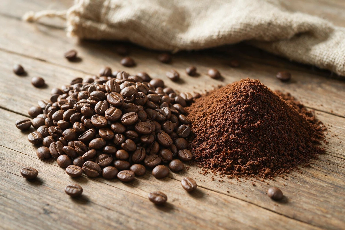 Kawa ekologiczna — palone ziarna arabica i świeżo zmielona kawa na drewnianym stole