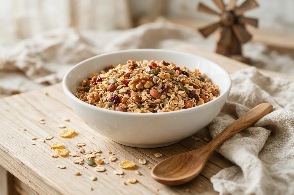 Płatki śniadaniowe, musli i granola BIO — miska granoli z orzechami i suszonymi owocami