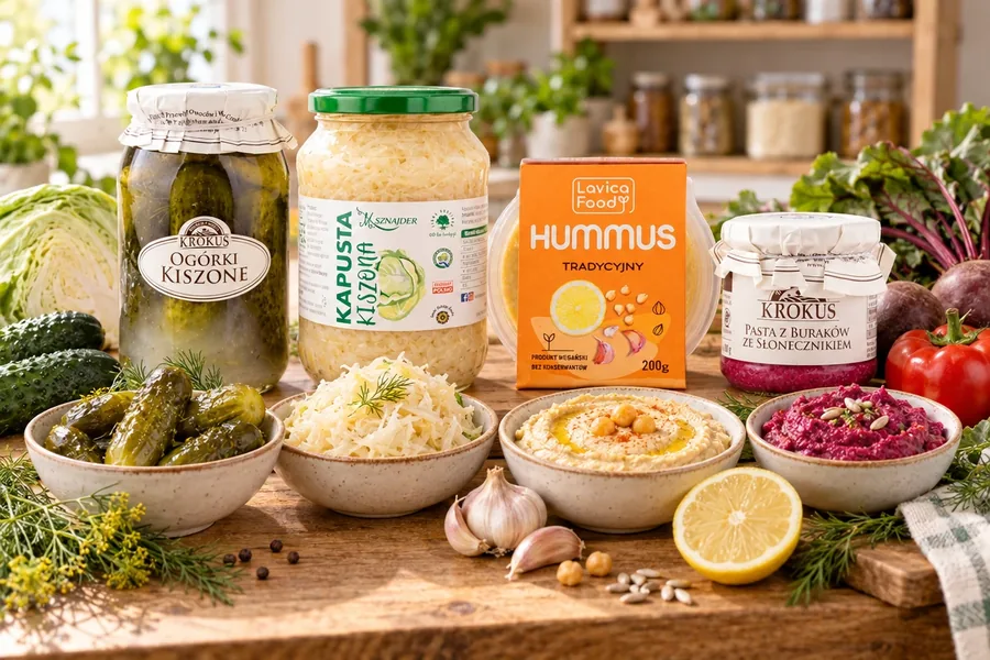 Przetwory warzywne — ogórki kiszone, kapusta kiszona, hummus i pasta z buraków w słoikach ze świeżymi warzywami