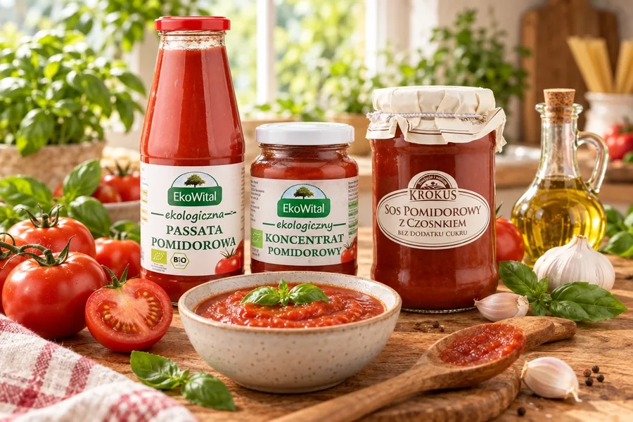 Przeciery, sosy i koncentraty pomidorowe — passata, koncentrat i sos pomidorowy z czosnkiem w słoikach ze świeżymi pomidorami i bazylią