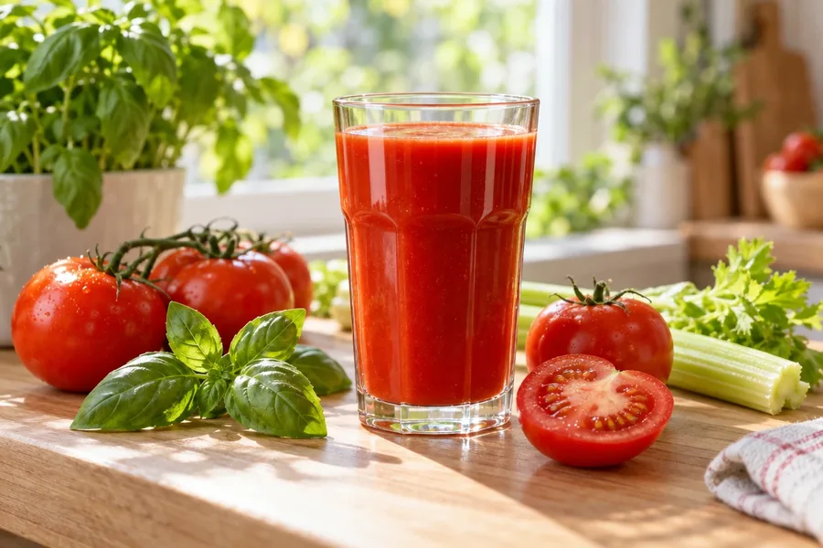 Soki warzywne naturalne — szklanka soku pomidorowego ze świeżymi pomidorami, bazylią i selerem