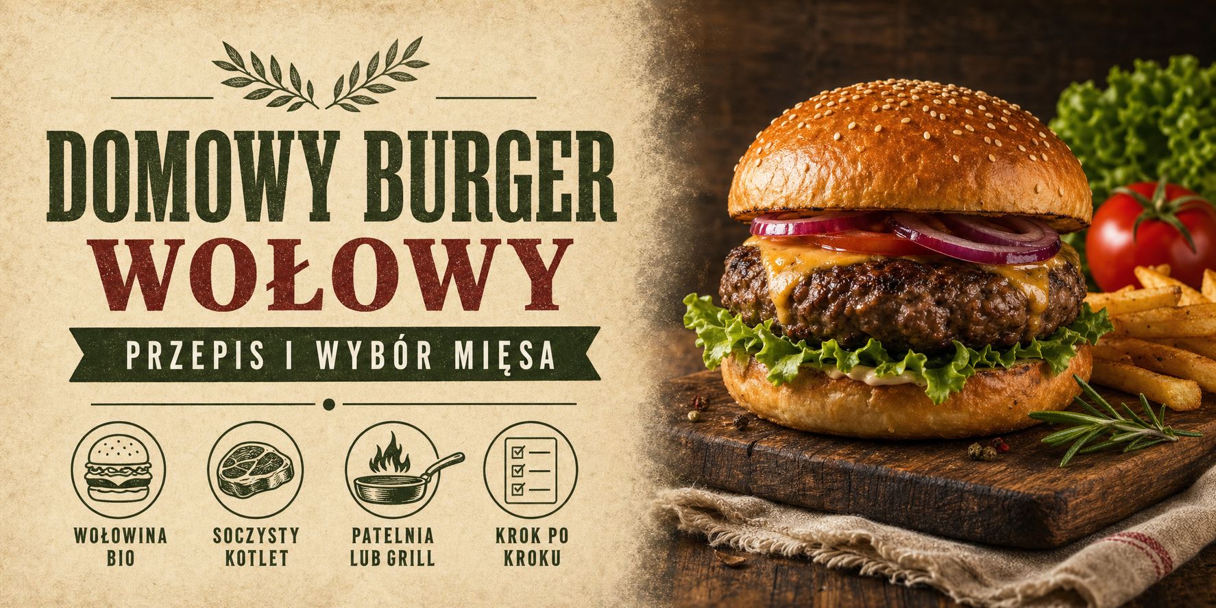 Domowy burger wołowy — cheeseburger na desce, przepis i wybór mięsa