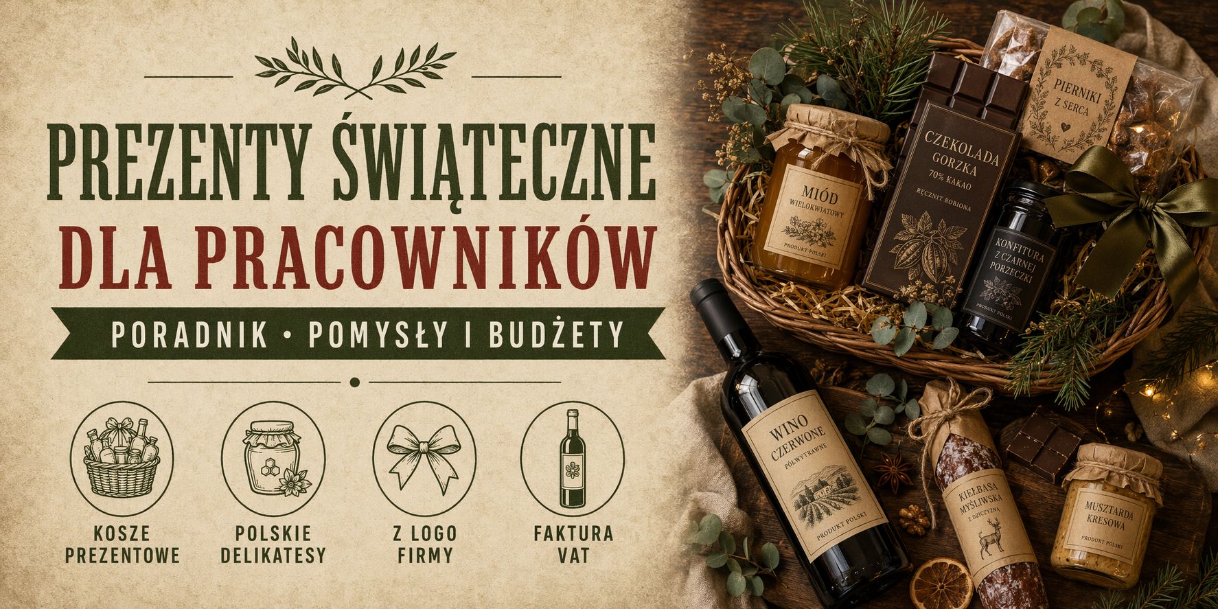 Świąteczne firmowe kosze prezentowe z polskimi delikatesami — poradnik: pomysły i budżety na prezenty dla pracowników