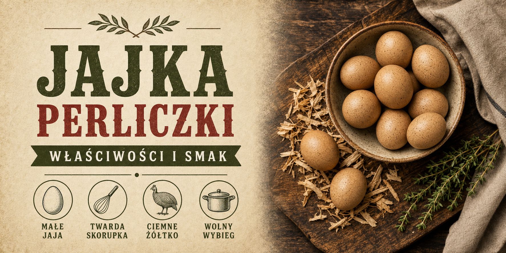 Jajka perliczki — małe, jasnobrązowe jaja perlicze z drobnym nakrapianiem w misce na drewnianej desce