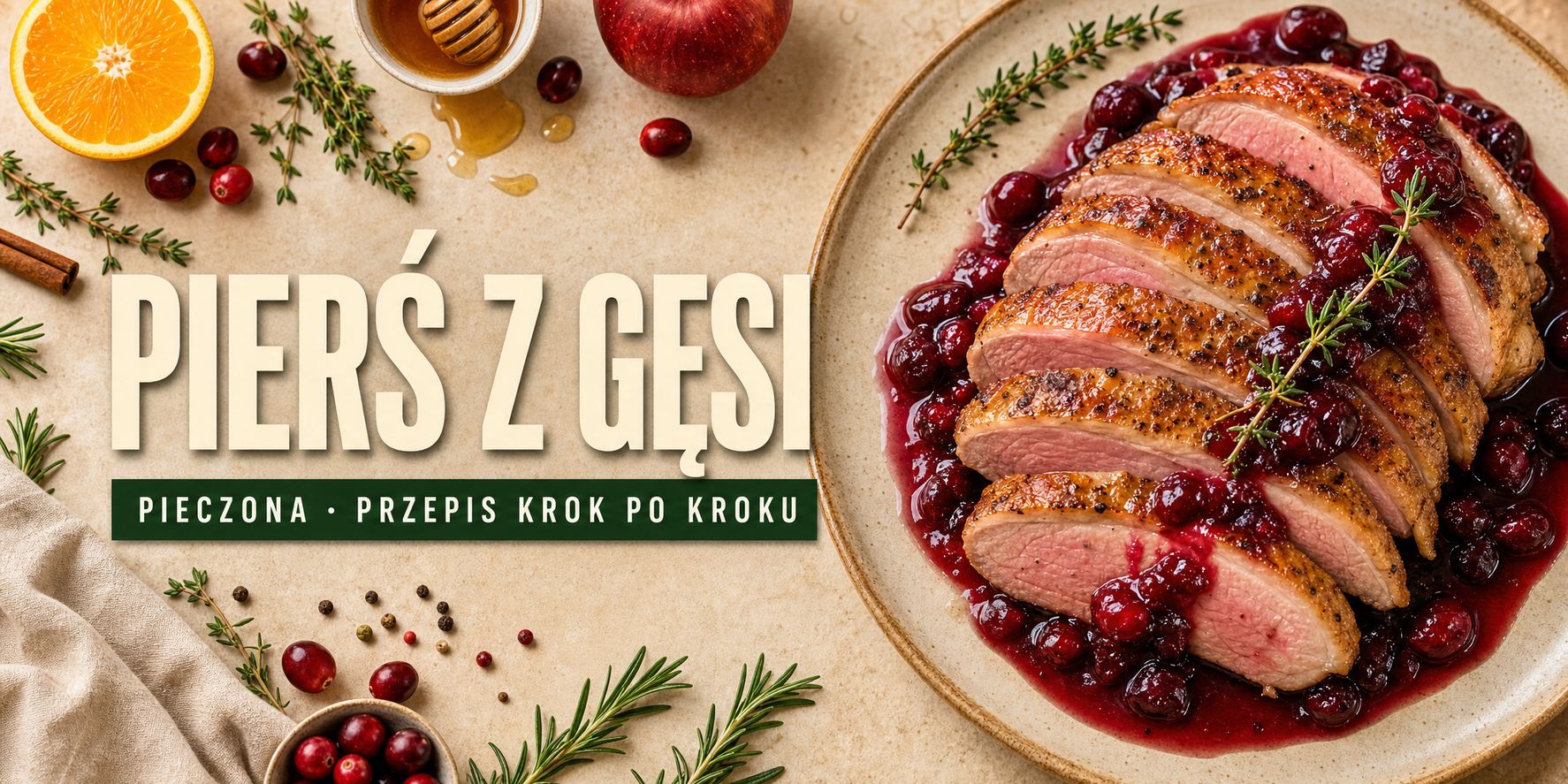 Pierś z gęsi pieczona pokrojona w plastry z sosem żurawinowym — przepis