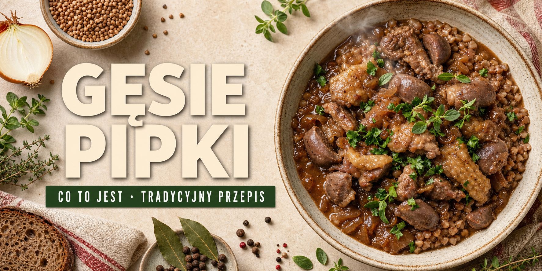 Gęsie pipki — duszone podroby z kaszą gryczaną w misce, tradycyjne danie