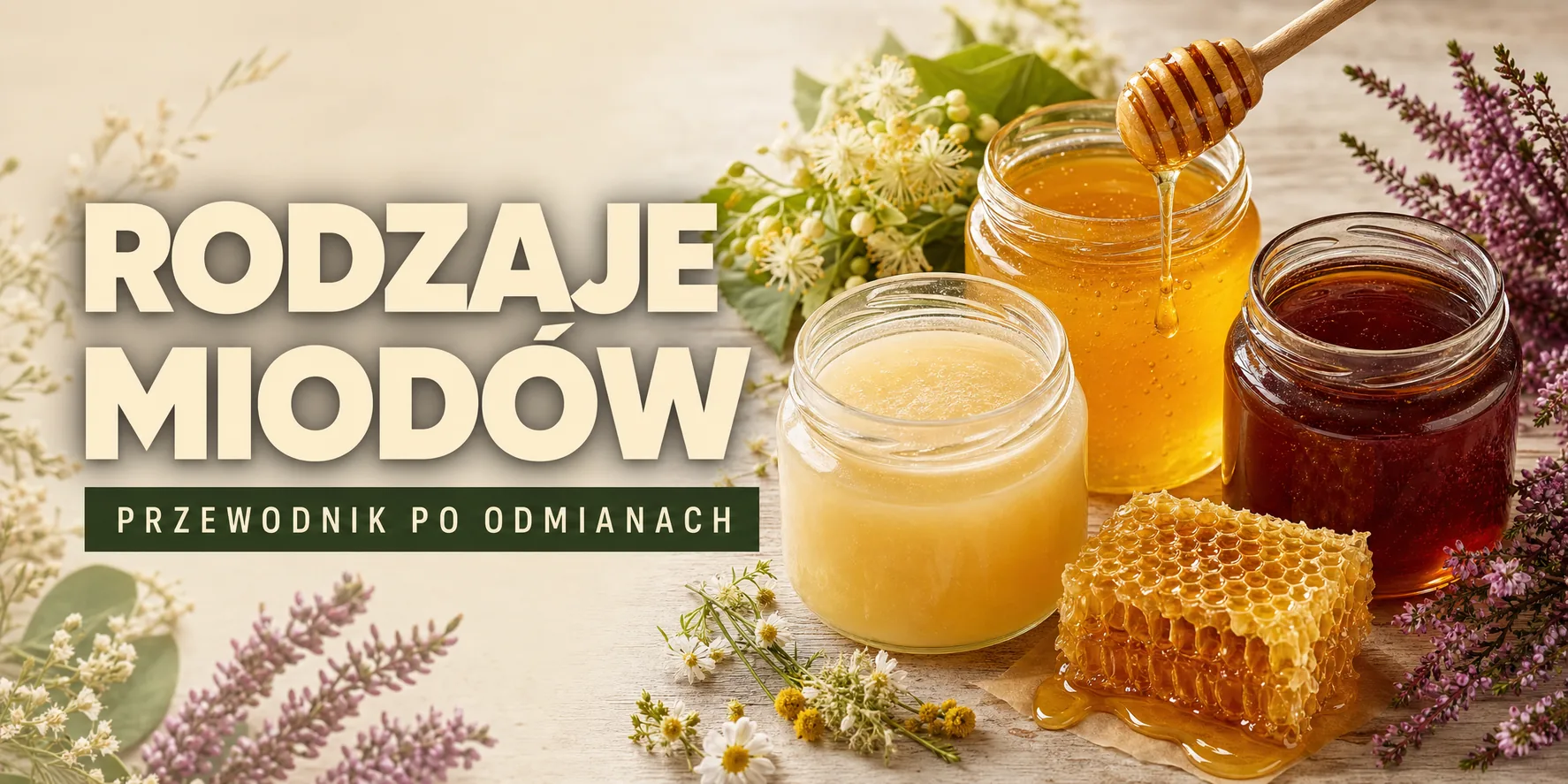 Rodzaje miodów — słoiki miodu rzepakowego, lipowego i wrzosowego z plastrem i łyżką