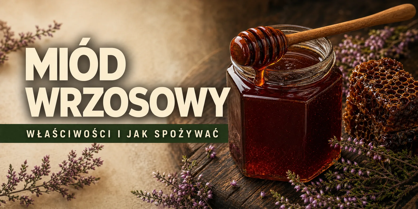 Miód wrzosowy w słoiku z łyżką, plastrem i kwiatami wrzosu — ciemny, galaretowaty
