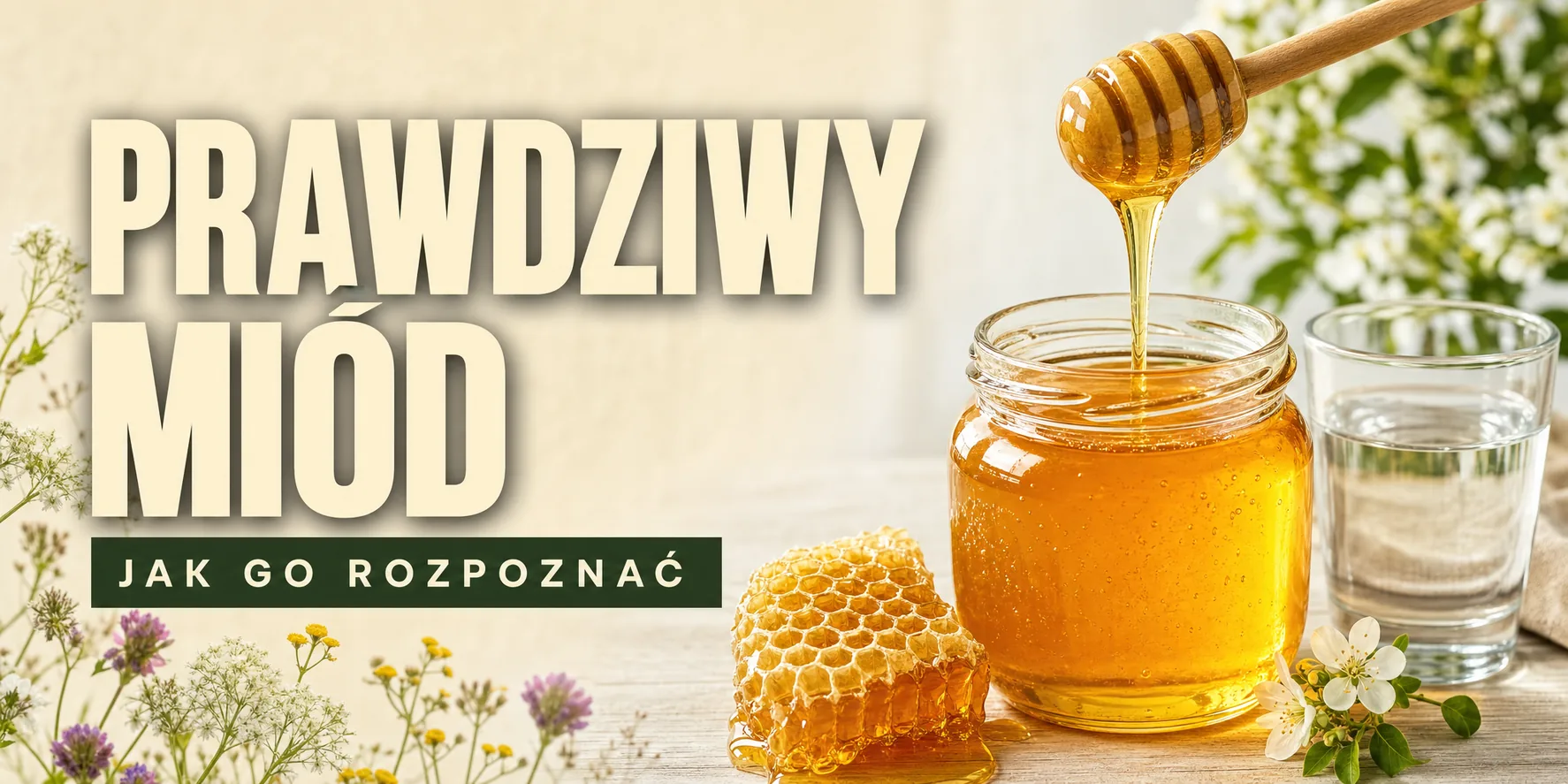 Prawdziwy miód — słoik złocistego miodu z łyżką, plastrem i szklanką wody