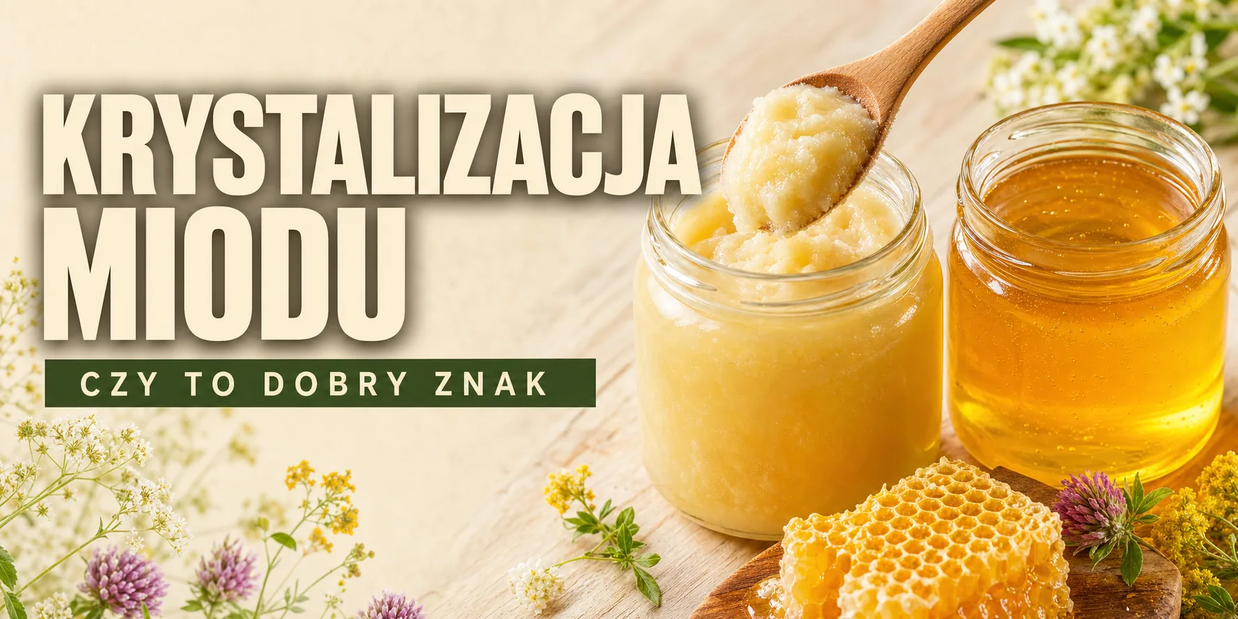 Krystalizacja miodu — słoik skrystalizowanego kremowego miodu z łyżką obok płynnego